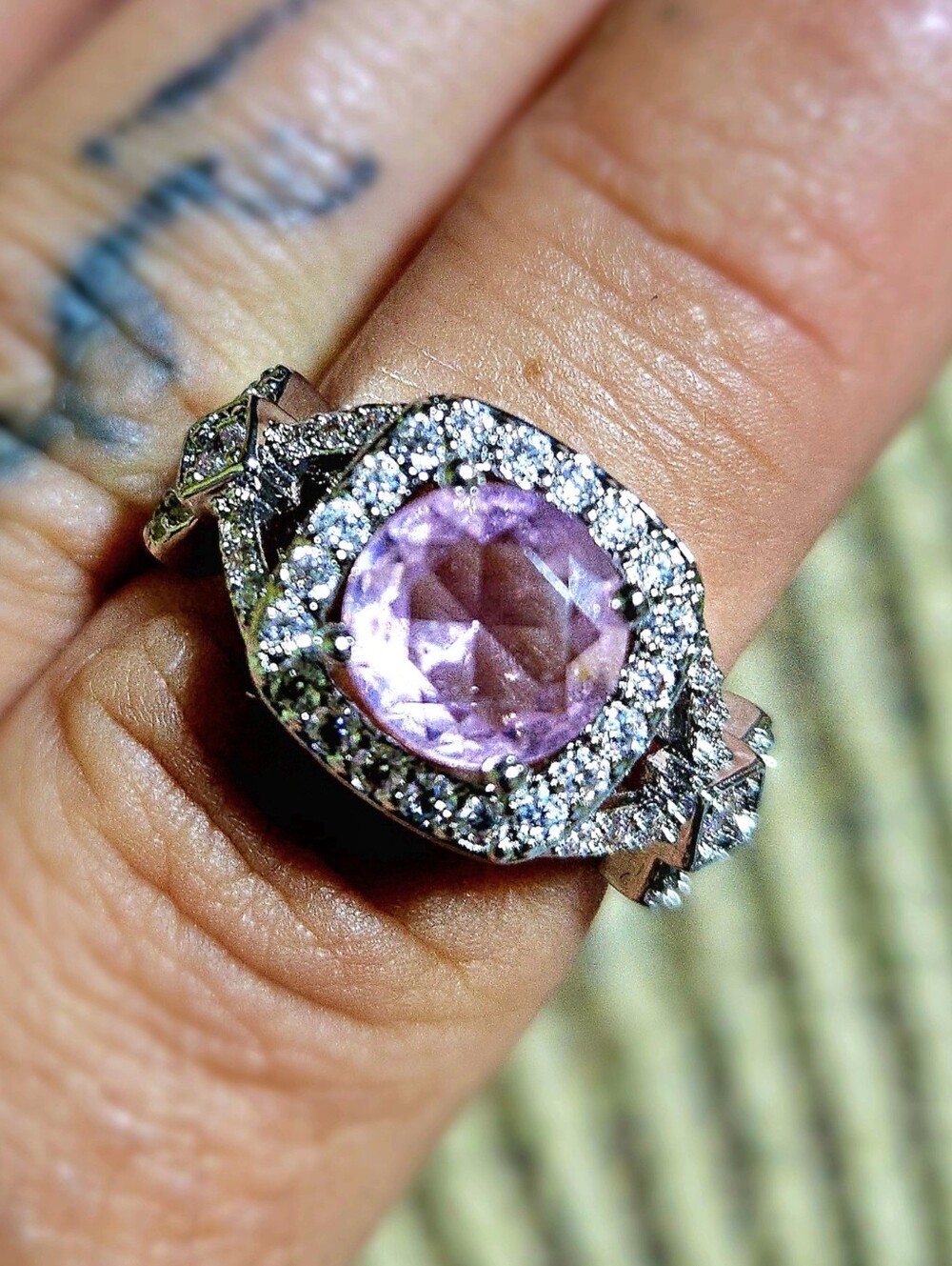 18k White Gold Filled Pink Sapphire-Tone Halo Ring with Openwork Lattice